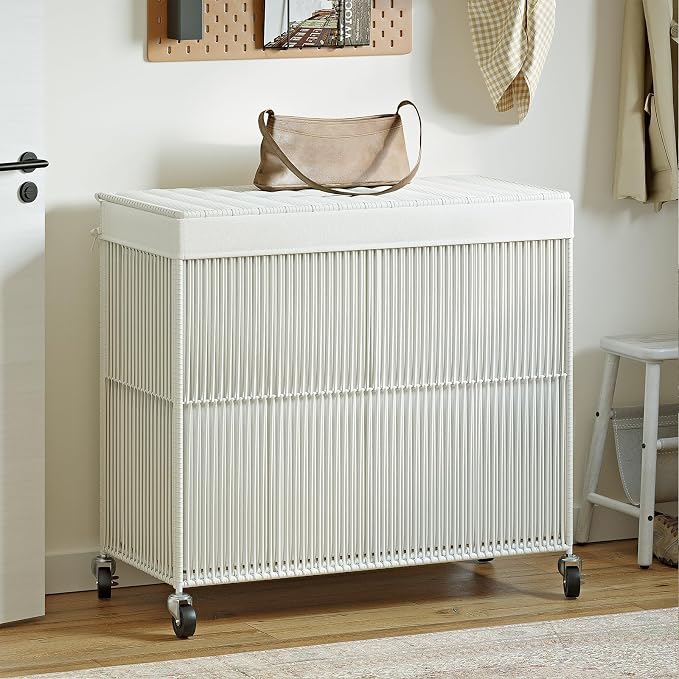 WOWLIVE Laundry Basket 3 Section, Handwoven Laundry Hamper with Wheels | Rolling Clothes Hamper with Lid and Divided Removable Bag, 160L Large Laundry Sorter, Laundry Room Organization, Creamy White