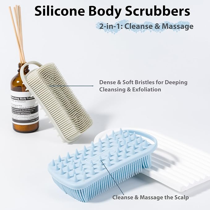 MtBoi 2 PC Silicone Body Scrubber, 2 in 1 Exfoliating Shower Bath Scrubber, Soft Silicone Loofah for Sensitive Skin, Shower Hair Scalp Massager, Easy to Clean, Lather Well (Grey&Blue)