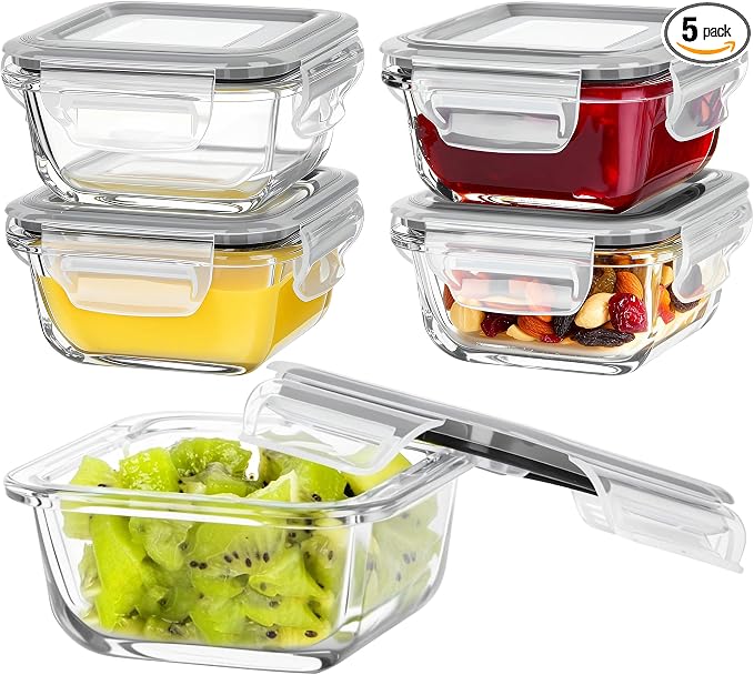 Vtopmart 5Pack 5oz Small Glass Storage Containers with Lids, Glass Meal Prep Food and Sauce Container Sets with Snap Airtight Lid for Microwave, Oven, Freezer and Dishwasher, Grey