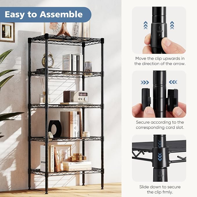 NEWBULIG 5-Tier Metal Wire Storage Shelves, Adjustable Heavy Duty Steel Shelving Unit, Freestanding Storage Rack Organizer for Kitchen, Pantry, Garage, Bathroom, 23.2" W x 13.4" D x 59.8" H, Black