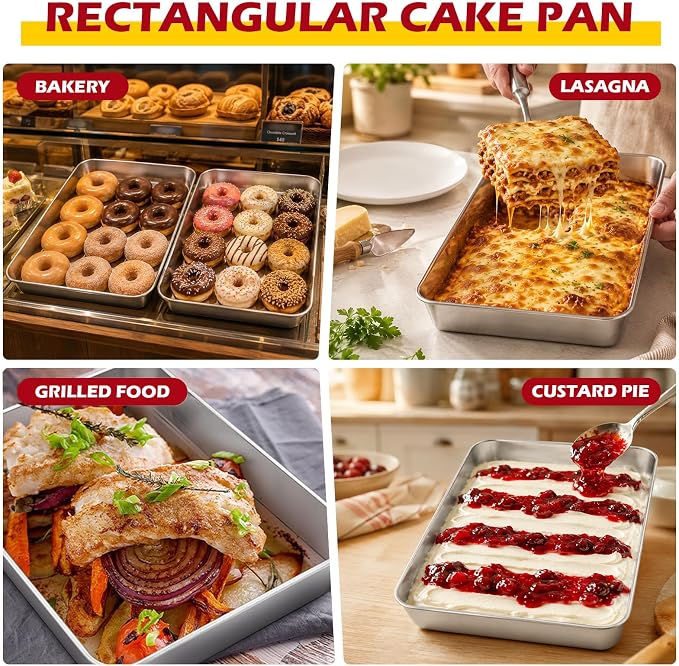 Leonyo Stainless Steel Baking Pans Set of 2, 12⅓ x 9¾ x 2 Inch Cake Pan, Nonstick & Heavy Duty, Deep Rectangular Lasagna Pan Sheet Bakeware for Focaccia, Bread, Brownies, Casseroles Dish
