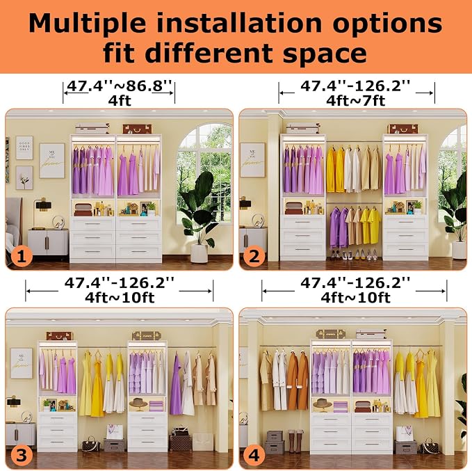 Closet System Set of 2, Closet System with 6 Drawers, 4 Rods & 2 Shelves, 4–10FT Walk in Modular Closet System, DIY Custom Built in Wood Closet Organizer Kit, White