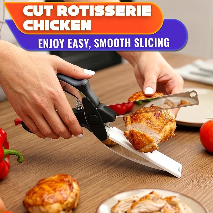 2 in 1 Kitchen Scissors for Food with Cutting Board, Safety Lock | Stainless Steel Cutting Board Scissors for Veggies, Fruit & Cheese; 9.5" Detachable Blade; Dishwasher Safe Tomato Knife