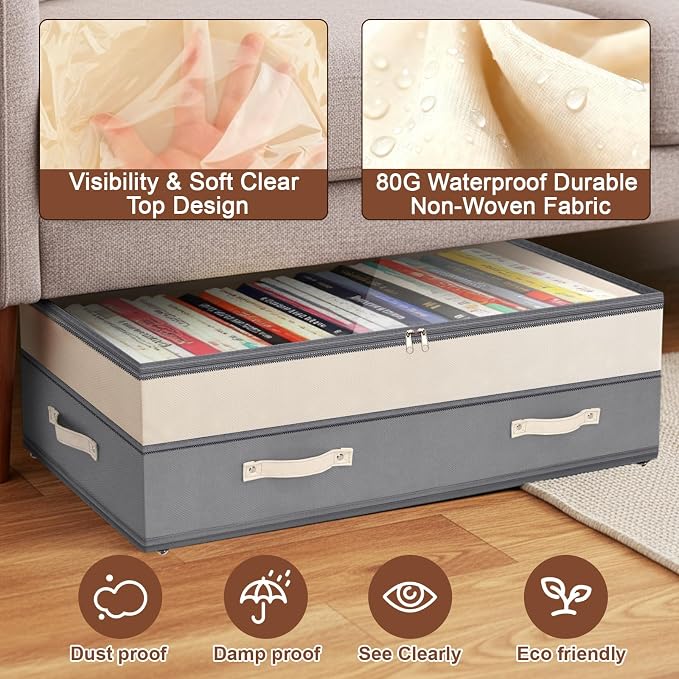 Dolicer 2 Pack Under Bed Storage with Wheels, 6in-10in Height Adjustable Underbed Storage Containers, 92L XXXL Under Bed Drawers Rolling Bin with Clear Lids for Dorm Shoes Clothes Organizers(Grey)