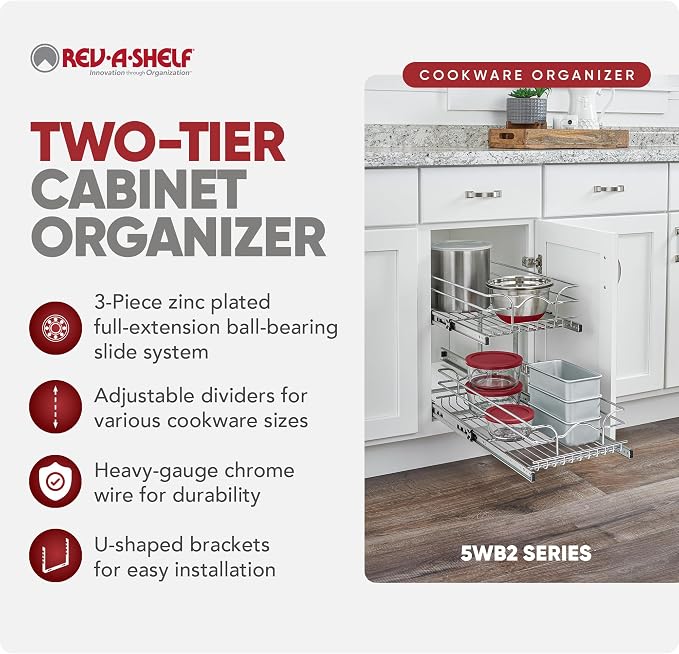 Rev-A-Shelf Pullout Organizer for Cabinets, Min Opening Width of 15" | Two-Tier Steel Shelf for Kitchen or Vanity Cabinet Organization, Heavy Gauge Wire Slide Out Storage Basket, 5WB2-1522CR-1
