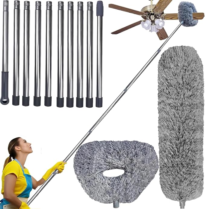20+ Ft High Reach Ceiling Fan Duster &Microfiber Feather Brush Duster with 3-14 ft Spliceable Pole Microfiber Feather Duster for Spider Web, High Ceiling, Blinds, Furniture Cleaning Tool Kit