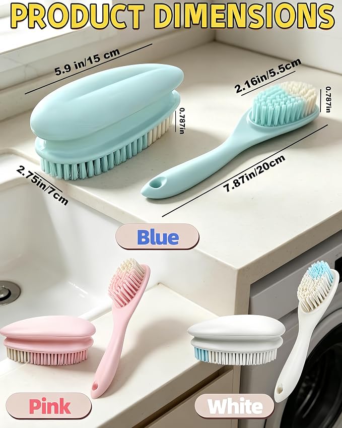 2 Pack Soft Bristle Cleaning Scrub Brush Laundry Brush Scrubber Brush | Soft Scrub Brush for Clothes, Carpet and Fabric Stain Removal, Scrubbing Brush with Ergonomic Handle Household Cleaning