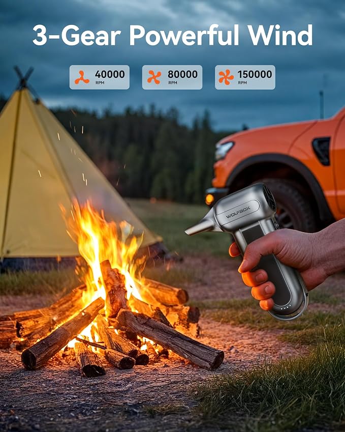WOLFBOX MF100 Compressed Air Duster, 150000RPM Turbo Fan, 45 m/s Airflow | 3-Gear Adjustable Speed, Type-C Fast Charging, Lightweight 0.66 lb, 5 Nozzles & 2 Brushes, For Computer Keyboard Car Outdoor