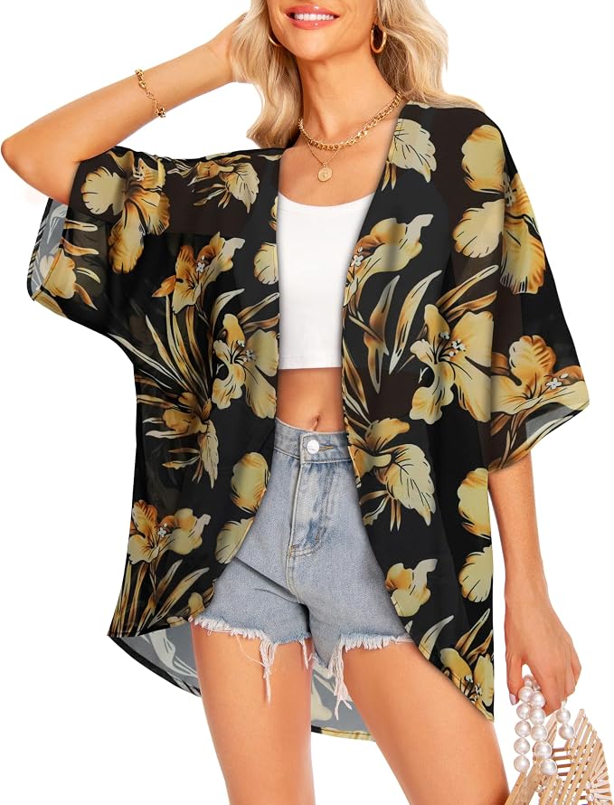 Women Kimono Cardigans Summer Cover Up Hawaiian Shirts Floral Print Tops | ROSEMIA chiffon kimono open front cardigans, beach cover ups, daily casual tops, cruise outfits, summer resort wear