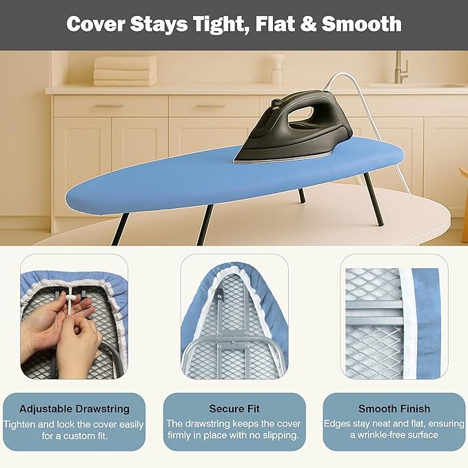 UniSimp Small Ironing Board Cover and Pad 12.5"x30" Small Iron Board Cover with Padding, Tabletop Mini Ironing Board Cover and Pad Small Size, Cotton Canvas, Heat Resistant, Drawstring Closure Blue