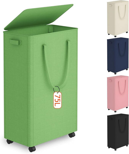 Slim Laundry Hamper with Wheels,20 Gal (75L) Rolling Laundry Basket with lid and wheels Clothes Hamper Foldable Tall Dirty Clothes Basket Sturdy Collapsible Clothes Hamper for Dorm,Laundry Room