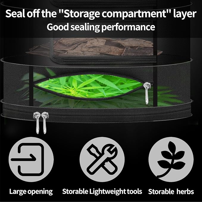 Herb Drying Rack Hanging Mesh, 18" Diameter 4 Layer Plant Drying Rack with Door Type Zipper and Closed Storage Compartment for Folding Basket Dryer Fit in Grow Tents, Garden Outdoor