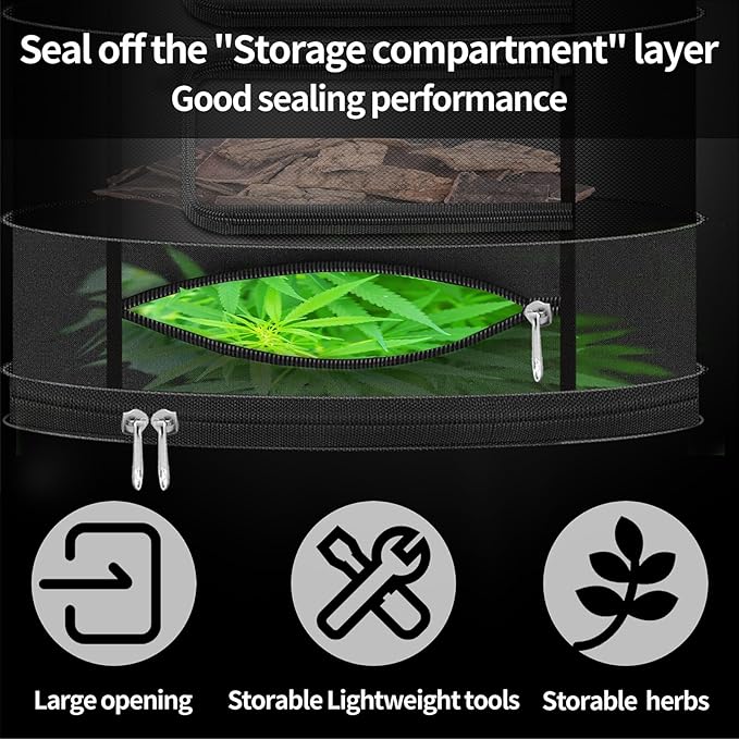 Herb Drying Rack Hanging Mesh, 2ft Diameter 9 Layer Plant Drying Rack with Door Type Zipper & Closed Storage Compartment for Folding Basket Dryer Fiting in Grow Tents, Garden Outdoor