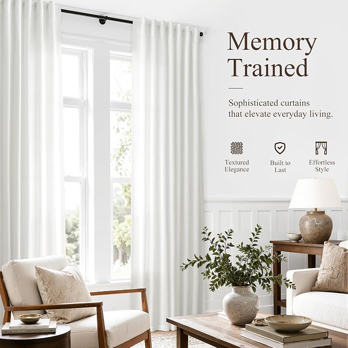 Hokibero Ivory Linen Curtains 96 Inches Long for Living Room 2 Panels | Light Filtering Sheer Curtain, Back Tab Rod Pocket Pleated Look, Textured Privacy Drapes for Bedroom Window, Boho Farmhouse