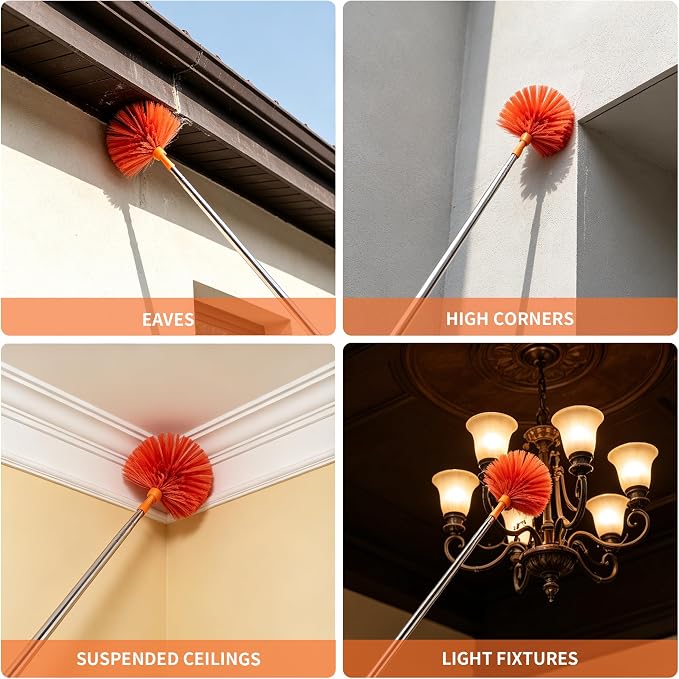 Cobweb Duster with Extension Pole, 90" Spider Web Brush, Orange | Cobweb duster with extension pole & stainless steel telescopic handle. For ceilings, fans & corners. Collapses to 15.7".