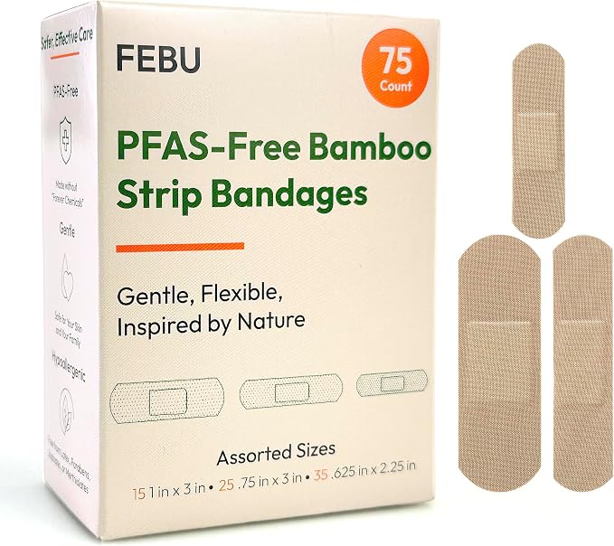 FEBU PFAS Free Bamboo Fabric Bandages, 75 Count Strip | Eco-Friendly, Flexible Fabric, Natural Hypoallergenic, Fully Compostable, Latex Free, For First Aid, Cuts and Scrapes