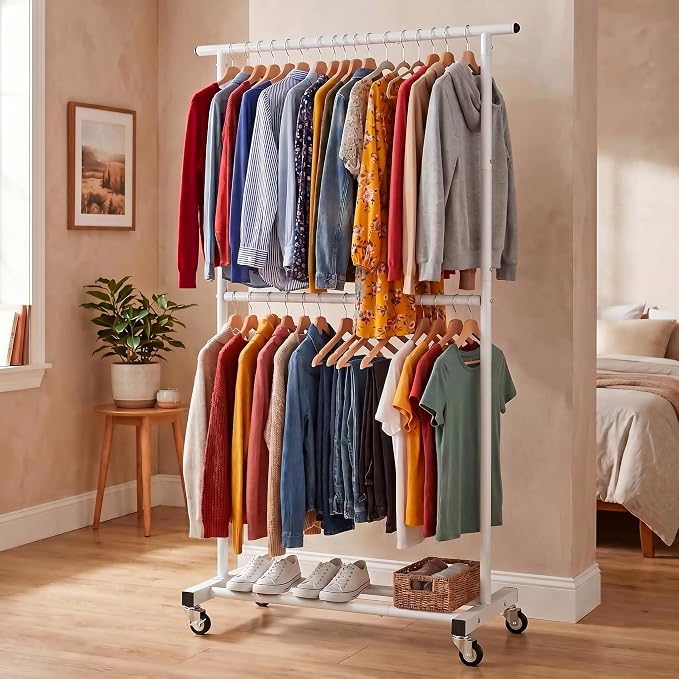 Sywhitta Double Rod Clothing Garment Rack, Rolling Clothes Organizer on Wheels for Hanging Clothes, Easy to Assemble, Adjustable, White