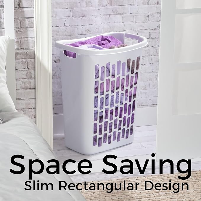 Large Plastic Laundry Hamper, White, Slim Rectangular, Ventilated, 63 Liter, Reinforced Handles, Clothes Basket for Bathroom, Dorm, and Closet