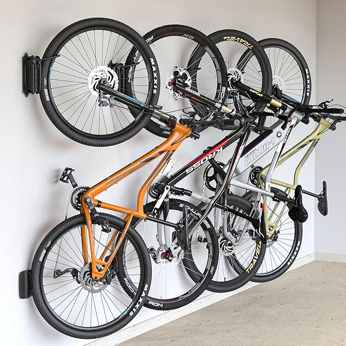 monTEK Swivel Bike Wall Mount, Bike Hangers for Garage, 4 Pack | Heavy-duty vertical wall bike storage rack swivels 150° to save space; holds 66 lb each and fits tires up to 3.54 in wide