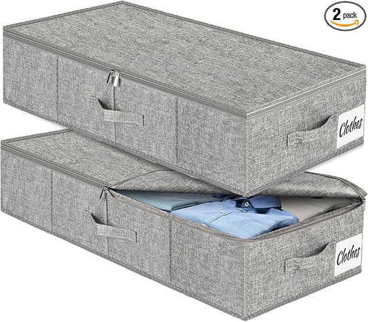 Under Bed Storage Container Bins 2 Pack, Low Profile Foldable Underbed Clothes Storage Organizer W/ Ultra Thick Fabric and Sturdy Bottom/Sides, Dual Zipper Storage Box for Dorm and Home 30x16x6.7"