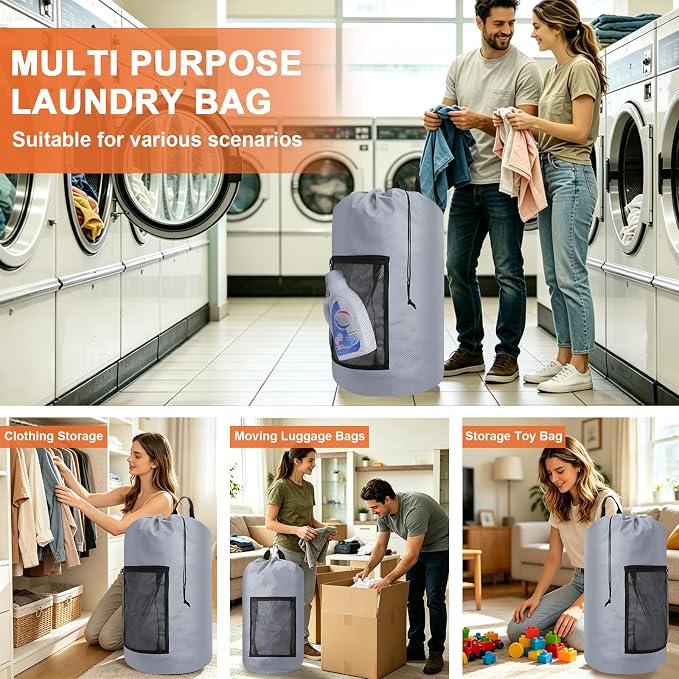 Laundry Bag Backpack Durable Laundry Bag with Shoulder Straps and Mesh Pockets Portable Laundry Hamper Dirty Clothes Bag for College, Travel, Laundromat, Apartment (Gray)