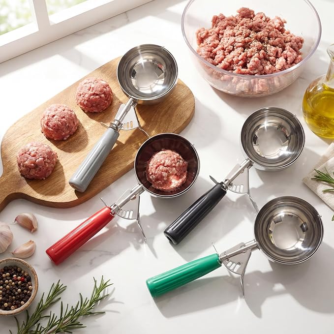 4 Pcs 8 Ounce Portion Scoops Ice Cream Scooper with Trigger Stainless Steel Portion Control Scoop for Restaurant, Baking Food, Cookie Dough, Cupcake Batter (Red,Black,Gray,Green)