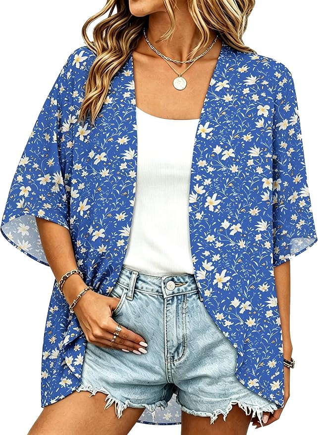Women Kimono Cardigans Summer Cover Up Hawaiian Shirts Floral Print Tops | ROSEMIA chiffon kimono open front cardigans, beach cover ups, daily casual tops, cruise outfits, summer resort wear