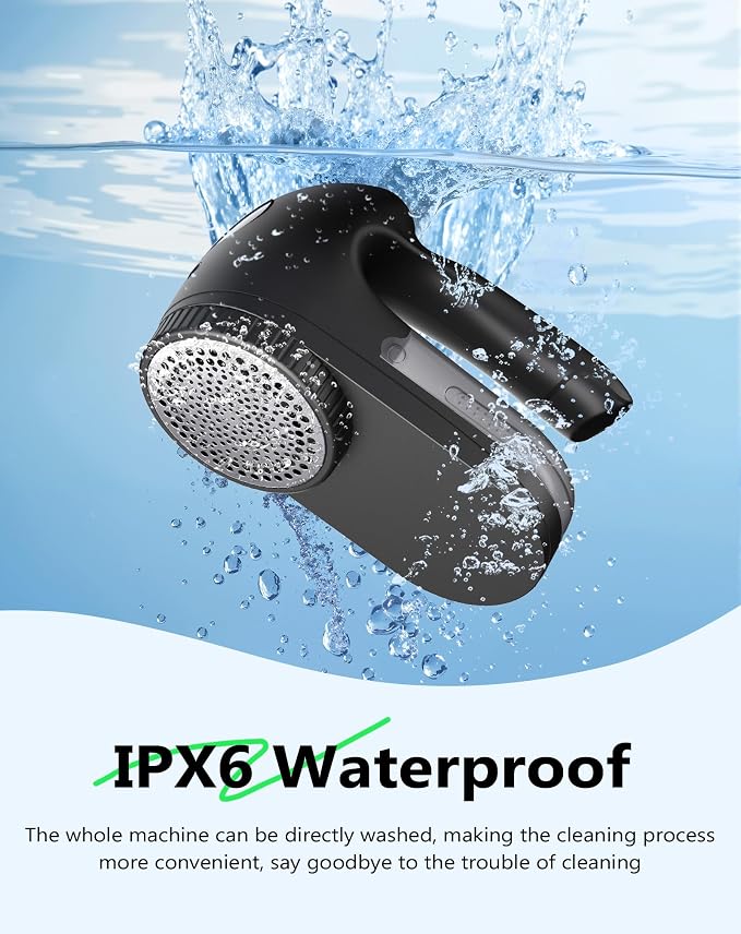 PKBD IPX6 Waterproof Washable Electric Fabric Shaver and Lint Remover, Rechargeable Sweater Defuzzer with 3 Free Extra Blades, Quickly and Effectively Remove Fluff,Fuzz,Bobbles for Clothes, Dark Black