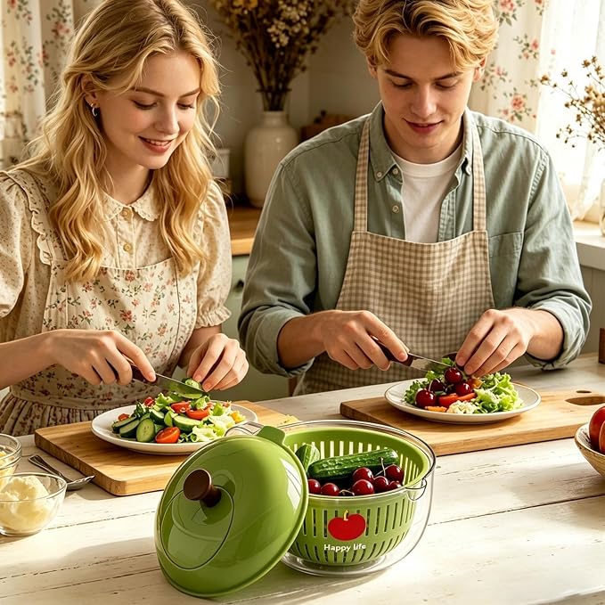 Salad Spinner, Hand Cranked Fruit Washing Spinner with Handle, Multifunctional Fruit and Vegetable Washing Bowl with Drain Basket, Reusable Salad Dehydrator Drainer for Home Kitchen