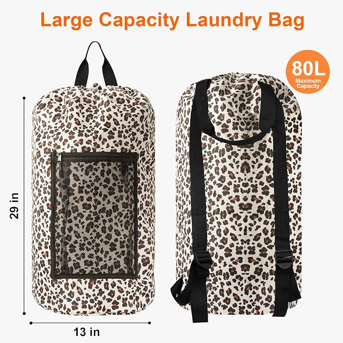 Laundry Bag Backpack Durable Laundry Bag with Shoulder Straps and Mesh Pockets Portable Laundry Hamper Dirty Clothes Bag for College, Travel, Laundromat, Apartment (Leopard Print)