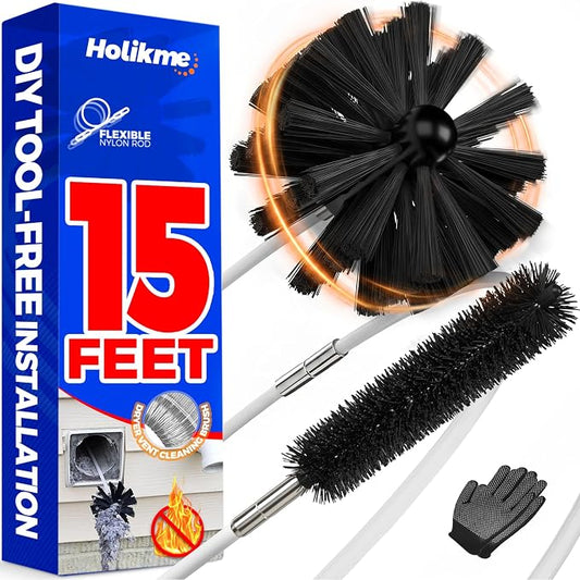 Holikme 15 Feet Dryer Vent Cleaner Kit, Lint Remover, Extends Up to 15 Feet, Synthetic Brush Head, Use with or Without a Power Drill