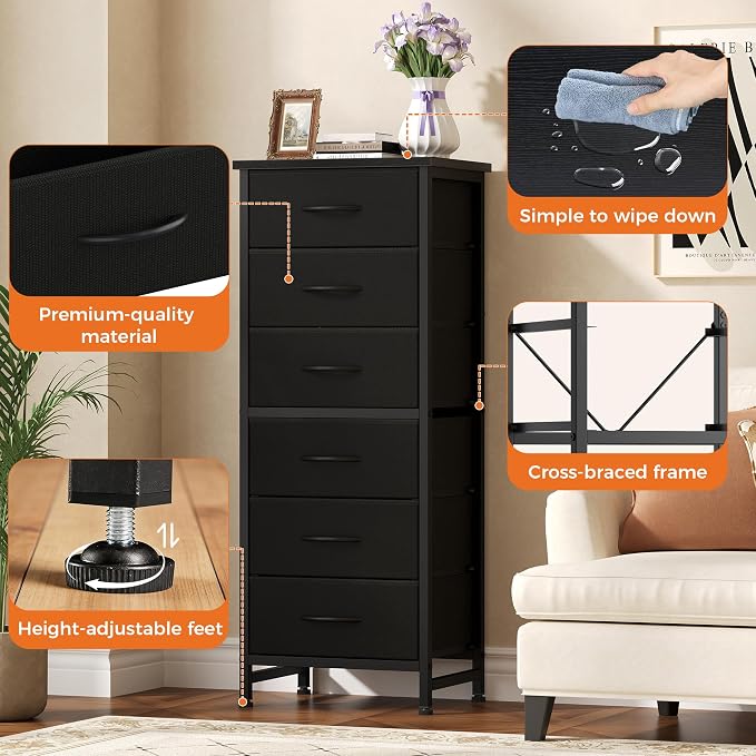 Sweetcrispy Tall Fabric Dresser for Bedroom, 6 Drawer Chest of Drawers | Narrow Storage Tower with Wood Top and Metal Frame, Vertical Nightstand for Closet, Bedroom Organization Furniture, Black