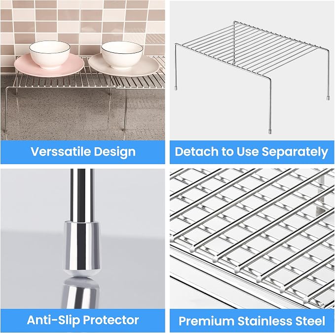 Tomorotec Space-Saving Stainless Steel Storage Rack, 12.8-22.8 in, Silver, Easy to Install, Versatile Design | Adjustable from 12.8 to 22.8 Inches Rustproof with Anti-Slip Feet for Pantry Bathroom Closet and Countertop Organization