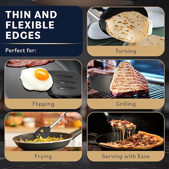 Home Hero Silicone Spatula Set - Heat Resistant Spatulas for Cooking - Ergonomic Stainless Steel Cooking Utensils - Solid & Slotted Silicone Turners - Pack of 2, Black