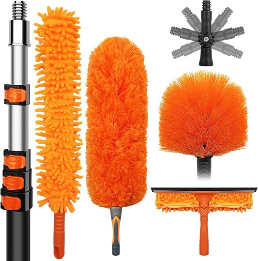 20 Foot High Dusters for Cleaning with 3-12 Foot Heavy Duty Extension Pole | High Reach Duster, Extendable Reusable Cobweb, Feather, Ceiling Fan Cleaner Duster, Window Squeegee Kit