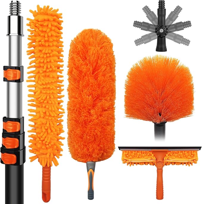 32 Foot High Dusters for Cleaning with 6-24 Foot Heavy Duty Extension Pole | High Reach Duster, Extendable Reusable Cobweb, Feather, Ceiling Fan Cleaner Duster, Window Squeegee Kit