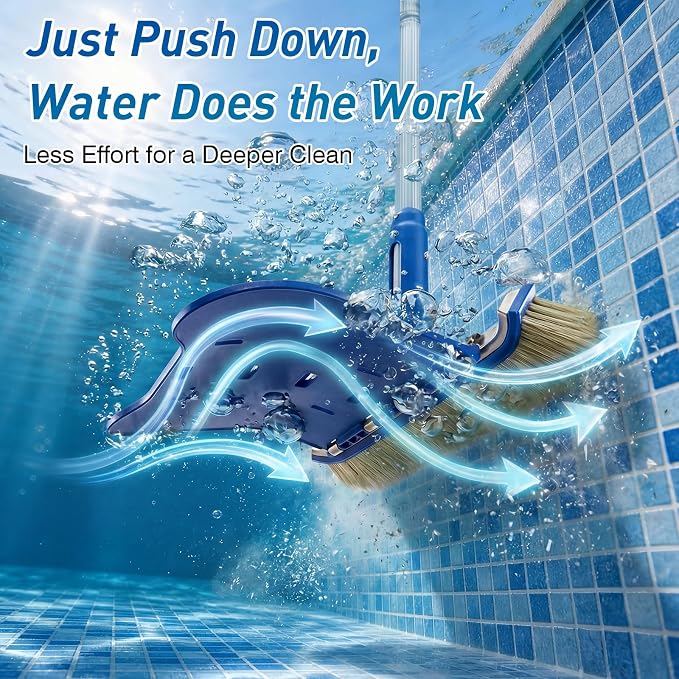 Pool Brush with Brush Tail for Cleaning Pool Walls Using Water Pressure, 18" Tough Plastic Bristles Pool Brush Head with EZ Clips Fit Most Poles (Pole not Included)