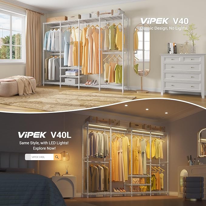 VIPEK V40 Heavy Duty Clothes Rack, 1110lb Capacity Sturdy Metal Garment Rack, Clothing Rack with 6 Shelves & 4 Hang Rods, Adjustable Open Wardrobe Closet Organizer for Bedroom/Apartment/Retail, White