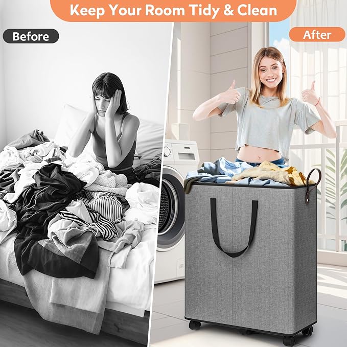 SpaceTrove Rolling Laundry Basket with Wheels, Laundry Hamper, 155L, Grey | Collapsible, 6 detachable wheels including 2 with brakes, sturdy handle, metal frame, for dorms, bathrooms and bedrooms