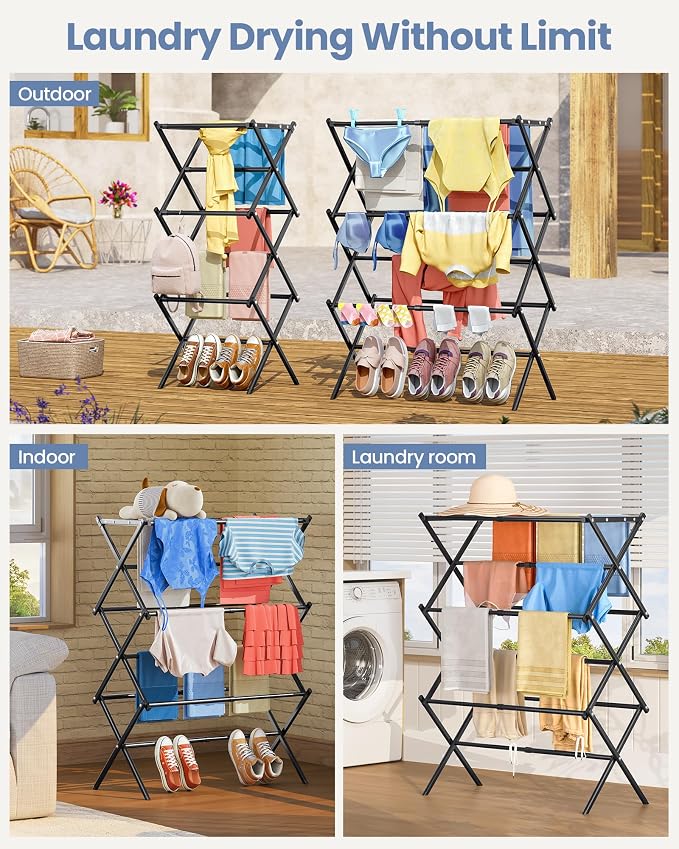APEXCHASER Oversize 3-Tier Clothes Drying Rack, No Install, Black | Expandable Design, Non-slip feet, Tool-free Setup, Rust Prevention, Sturdy Construction, 14.9" D x 29.3" W, Holds 24lbs