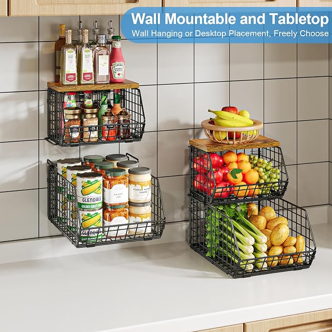 Potato and Onion Storage Bin with Wooden Top, 2-Tier Stackable Wire Basket | Wall basket for Food, Snacks and Fruit and Vegetable Storage with Kitchen Pantry Organizer for Counter, Cabinet, Under Sink