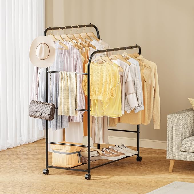 TigerParty Double Rods Clothes Rack for Hanging Clothes, Rolling Clothing Rack with Wheels, 6 Side Bars Freestanding Garment Racks for Bedroom Laundry Living Room