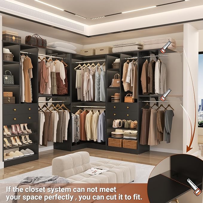 Closet System (Set of 3) with 4 Drawers, 8 Hanging Robs, 91.5"/151" Closet Organizer System with Corner Tower, Reversible Walk-in Closet System Corner Closet System, Black