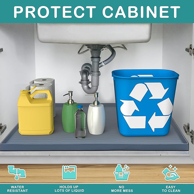URMONA Waterproof Silicone Under Sink Mat 34'' x 22'' Shelf Liner for Kitchen and Bathroom, Cabinet and Counter Protector, Storage and Organizers, Litter Mat, Pet Cat Puppy Essentials(Beige)
