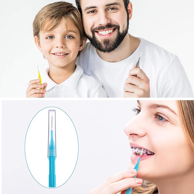 Patelai 100 Count Interdental Brush Set, Soft Braces Cleaner Picks with Cap, Multi Size Teeth Gap Cleaning Tool for Orthodontic Care Bridge Implant Travel Kit(Light Blue, Yellow, Gray, Purple)