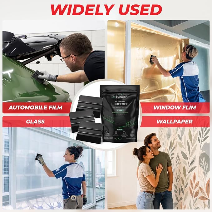 Professional Value 3 Pack PP Black Felt Edge Vinyl Squeegee Tool 4 Inch Plastic Scratch Free Car Wrap Scraper Decal Applicator for Window Tint Film Wallpaper Smoothing Tool