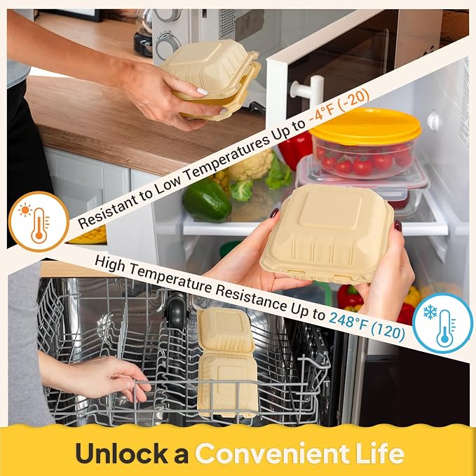 6x6in Compostable To Go Food Containers, 50Pack Bamboo-Powder Clamshell Take Out Containers, Heavy Duty Hinged To Go Boxes with Secure Snap Lid for Catering Pasta Salad Sandwich