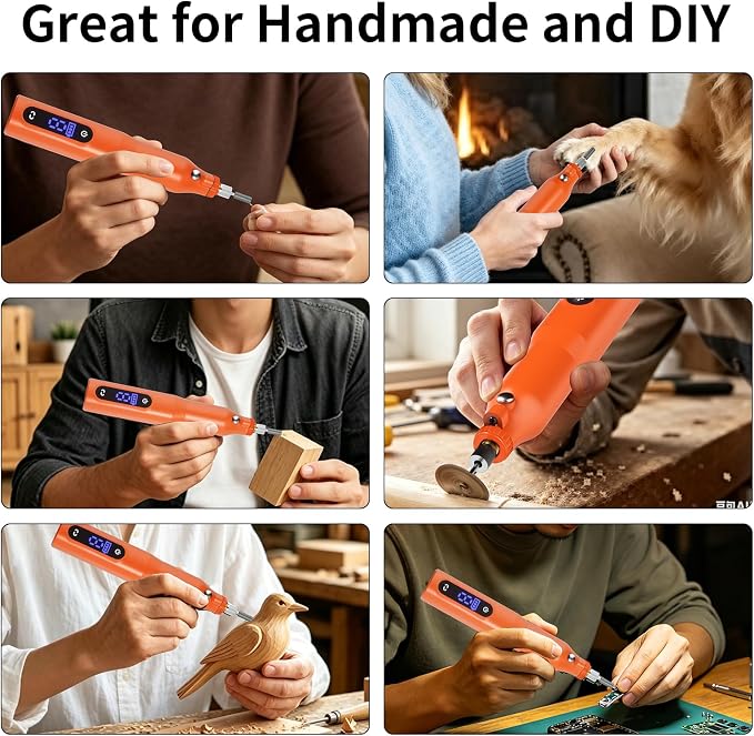 Cordless Rotary Tool Kit - 9-Speed Adjustable with USB Charging | Multi-Purpose Engraving Pen for Sanding, Polishing, Drilling & DIY Crafts | Includes 3D Printing Accessories (Orange with Light)