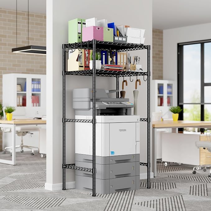 REIBII Mini Fridge Shelf with Storage, 2-Tier Adjustable Metal Shelving Unit with 8 Hooks,176 LBS Heavy Duty Organizer Rack for Dorm Room,Apartment, Kitchen and Office,52.36" H x 26.38" W x 18.1" D