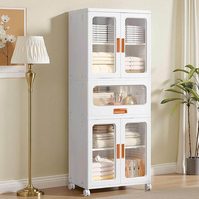 VECELO 226QT Stackable Storage Bins with Lids, Large Collapsible Storage Bins with Drawer and Movable Wheels, Adjustable Shelves, Anti-Tip, for Living Room, Bedroom, Kitchen, White